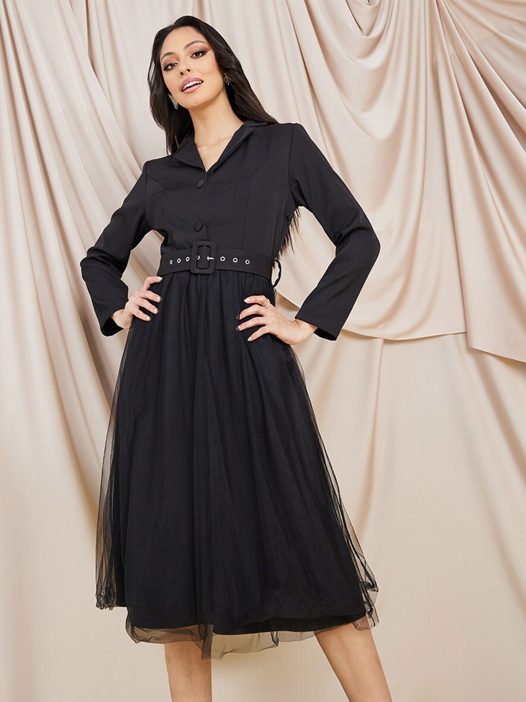 

Styli Black Shirt Collar Belted Fit & Flare Midi Dress