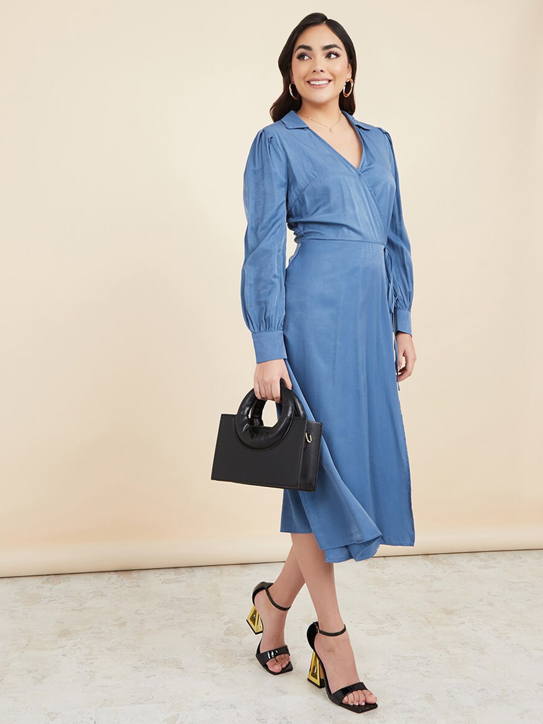 

Styli Blue V-Neck Cuffed Sleeves Wrap Dress