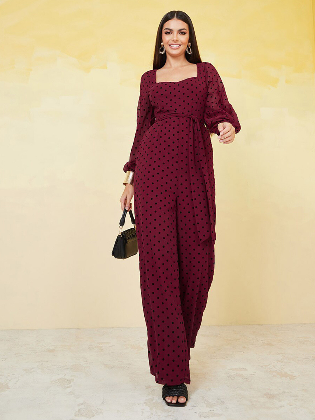 

Styli Burgundy & Black Polka Dots Printed Basic Jumpsuit