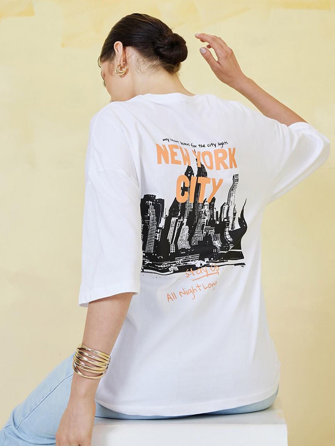 

Styli Women White Printed Relaxed Fit Cotton T-shirt