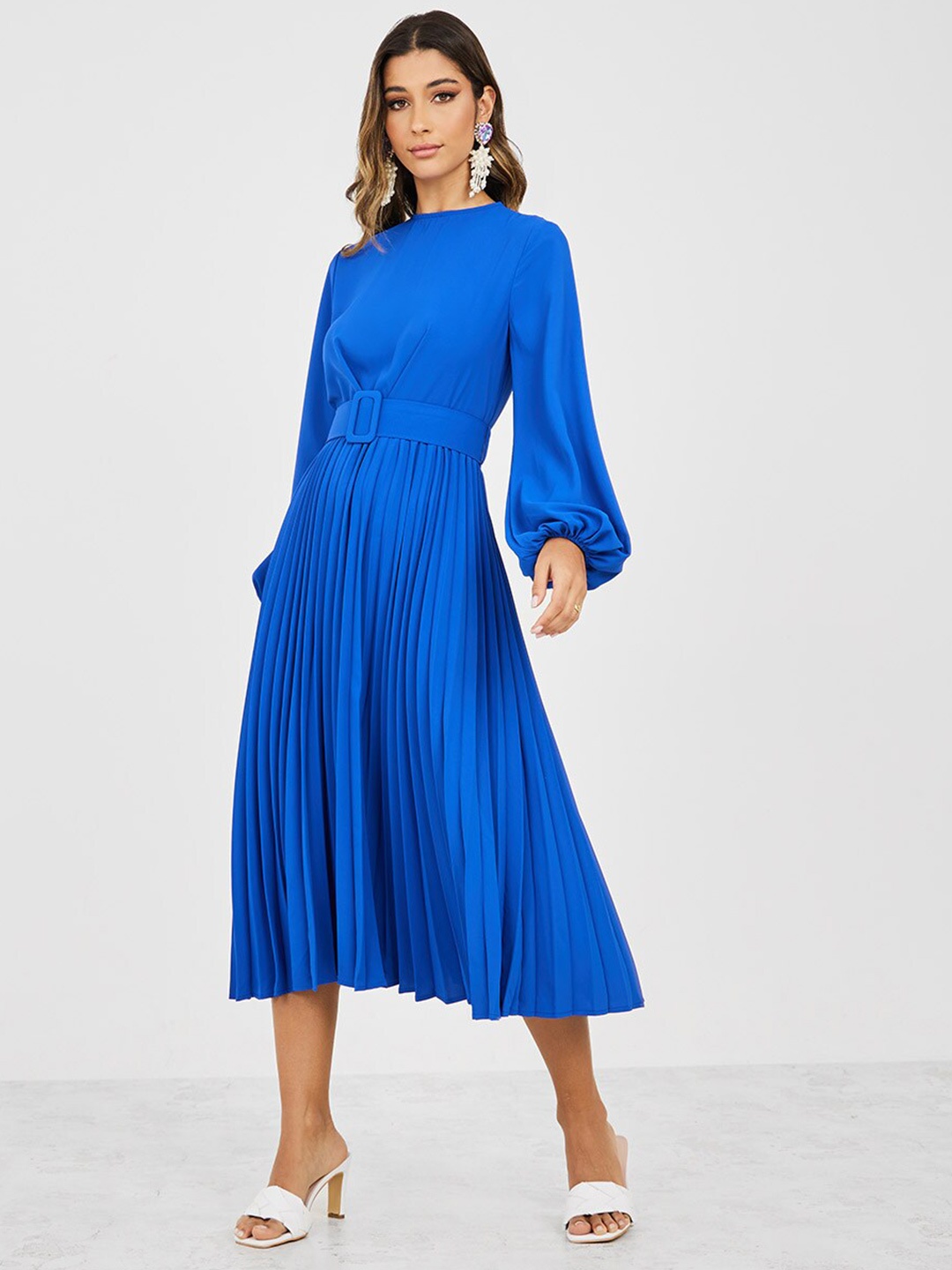 

Styli Blue Puff Sleeve Accordion Pleated Fit & Flare Midi Dress