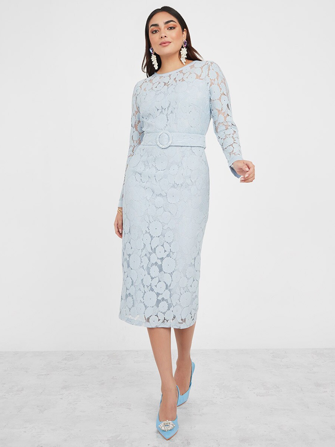 

Styli Blue Self Design Cotton Sheath Midi Dress