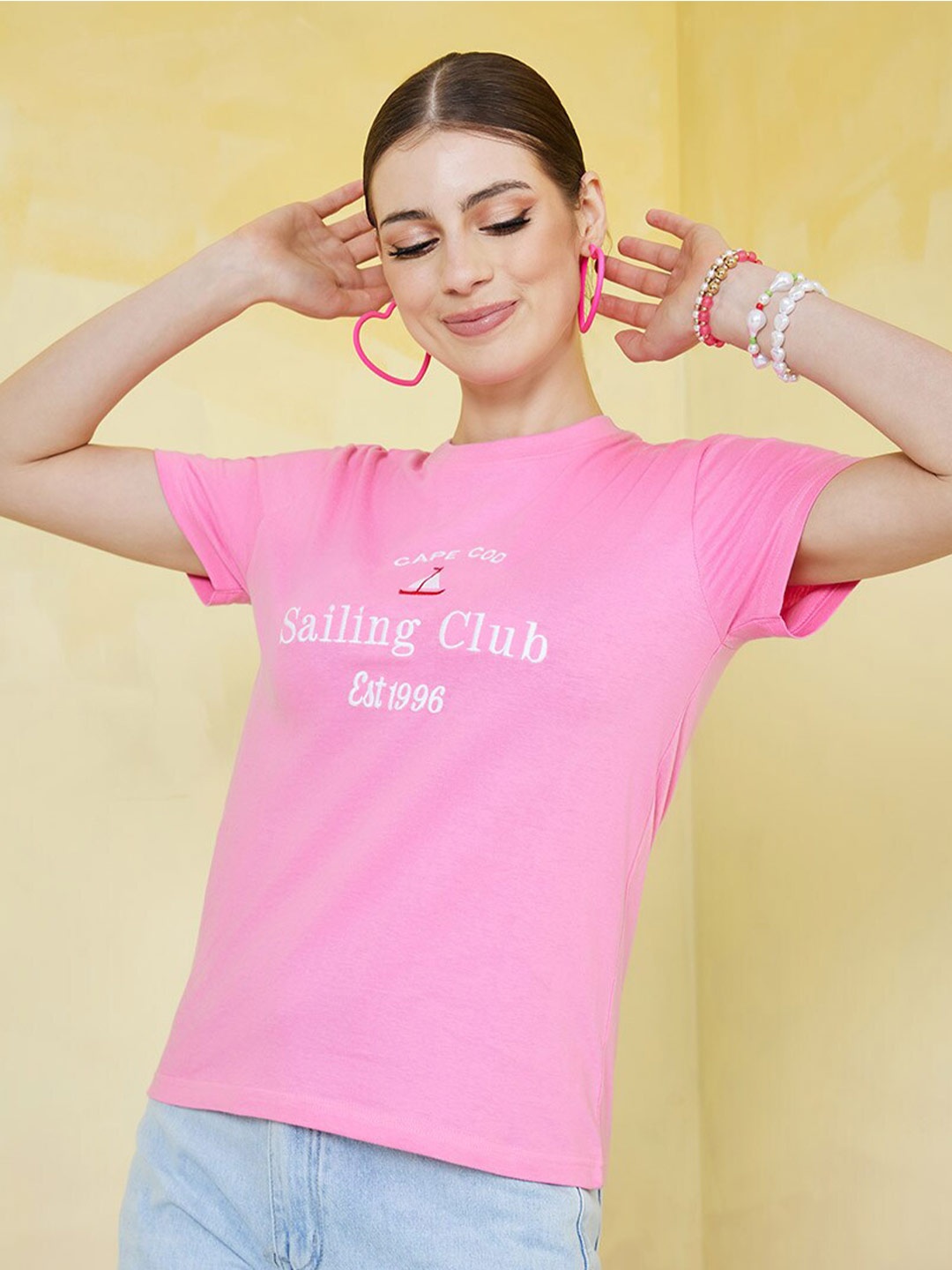 

Styli Women Pink Printed Cotton T-shirt