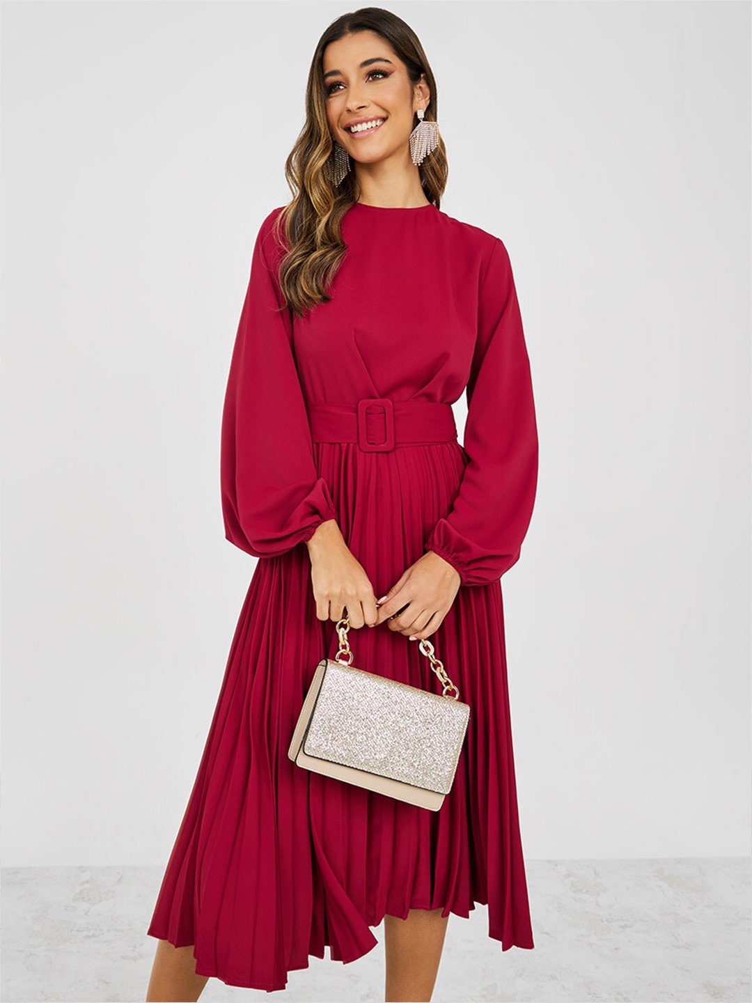 

Styli Burgundy Puff Sleeve Accordion Pleated Fit & Flare Midi Dress