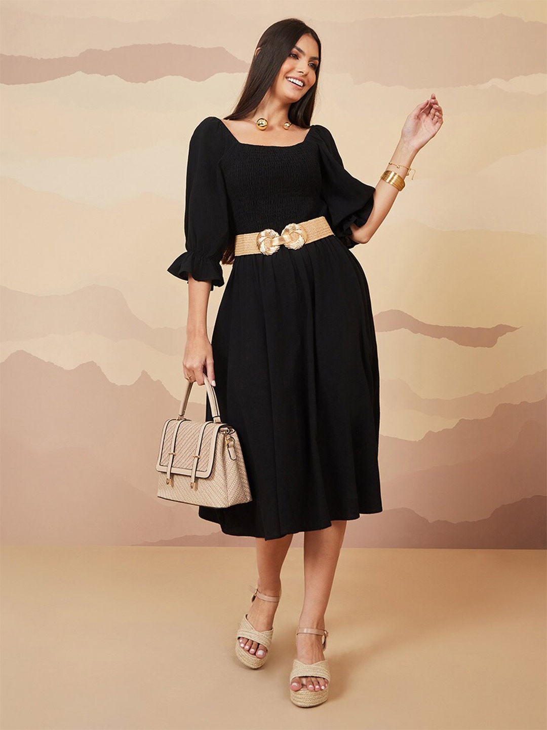 

Styli Black Square Neck Bell Sleeve Smocked Cotton Midi Dress