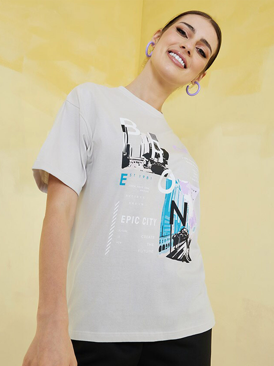 

Styli Women Grey Printed Relaxed Fit Cotton T-shirt