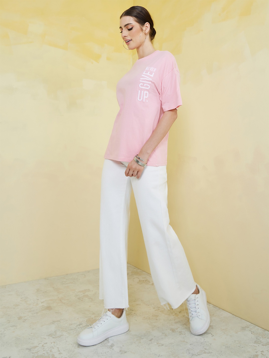

Styli Pink Typography Printed Relaxed Fit Cotton T-shirt