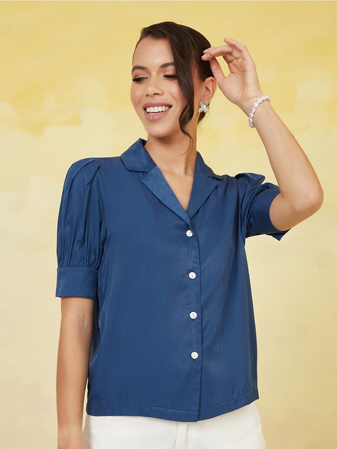 

Styli Navy Blue Cuffed Sleeve Shirt Style Top