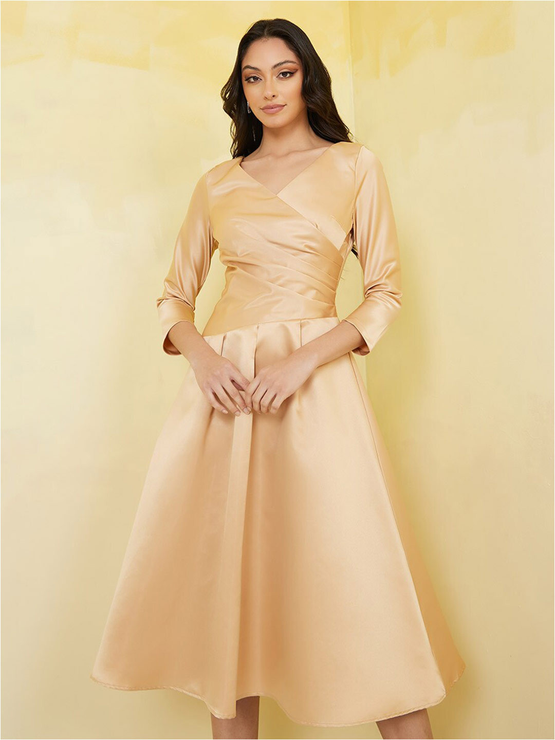 

Styli Beige V-Neck Pleated Wrap Dress