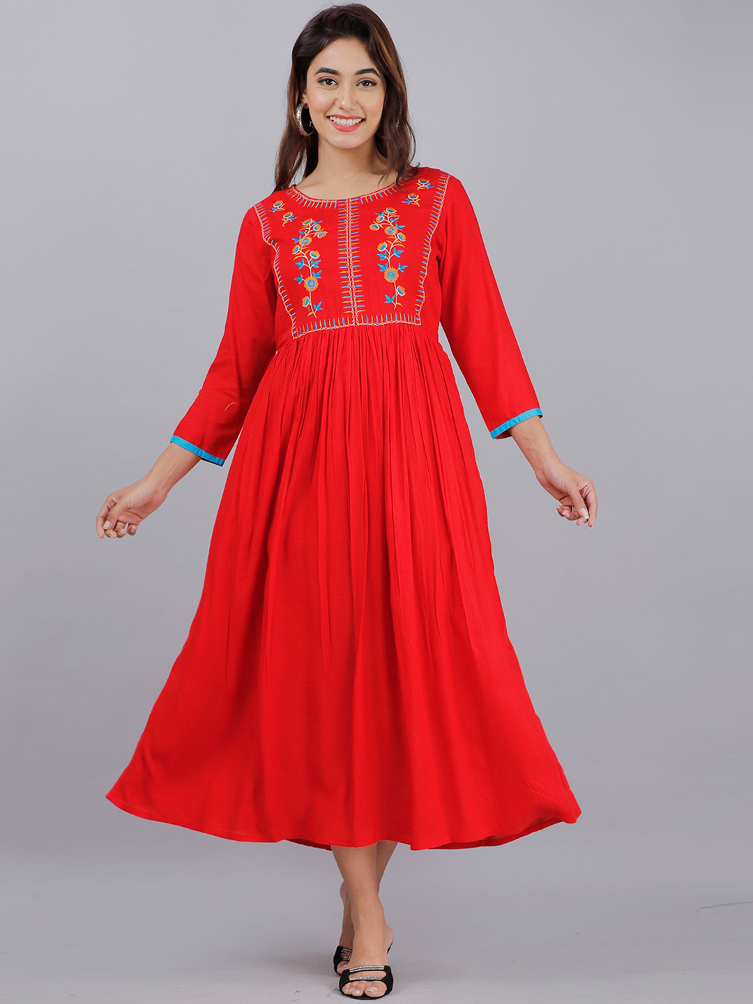 

DORIYA Floral Embroidered A-Line Midi Ethnic Dress, Red