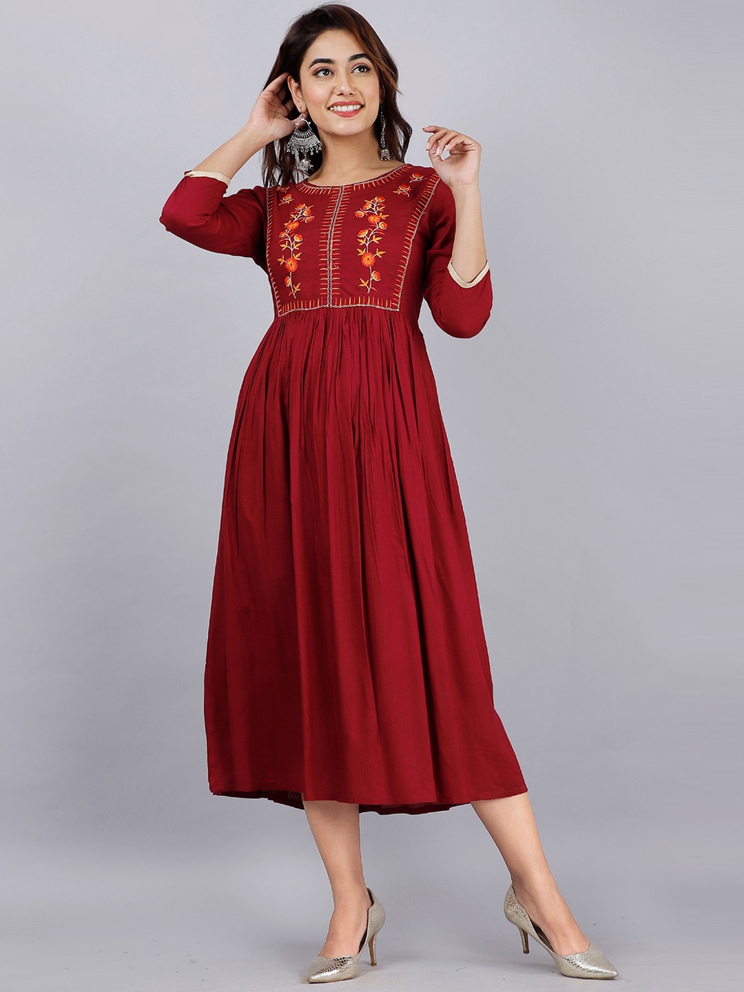 

DORIYA Floral Embroidered A-Line Midi Ethnic Dress, Maroon