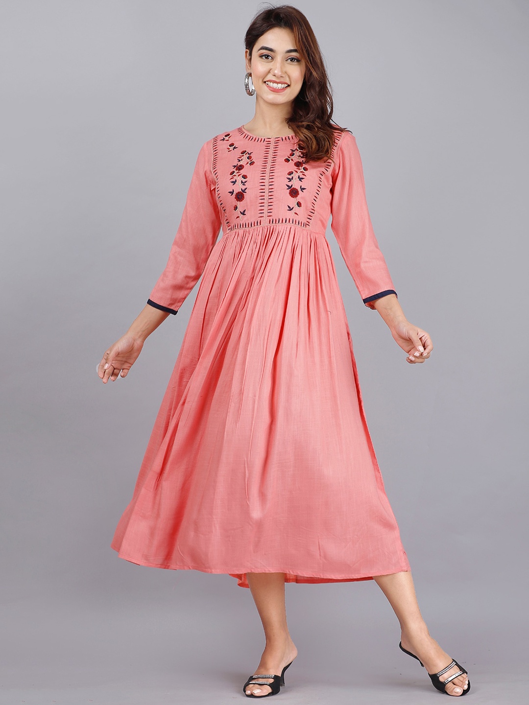 

DORIYA Floral Embroidered A-Line Midi Ethnic Dress, Pink