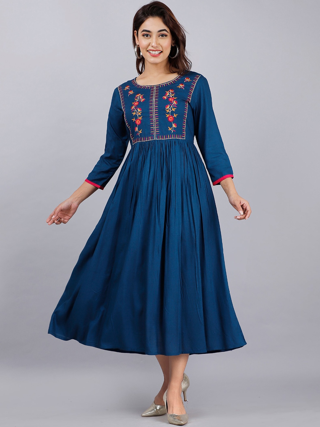 

DORIYA Floral Embroidered A-Line Midi Ethnic Dress, Blue