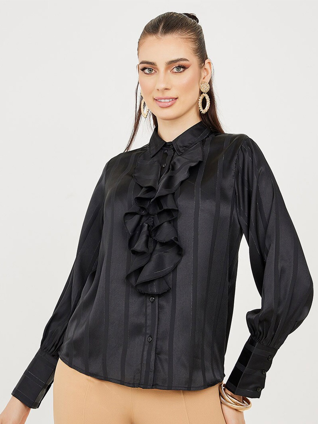 

Styli Women Black Ruffled Casual Shirt