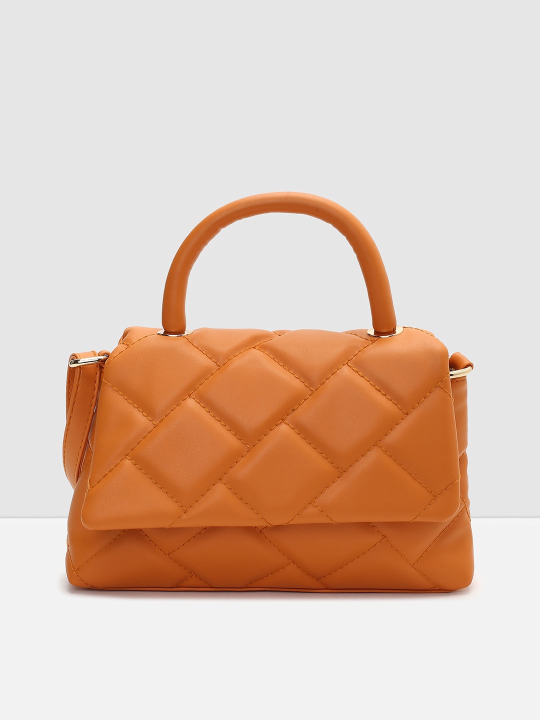 

max Orange Geometric Textured PU Structured Satchel with Quilted