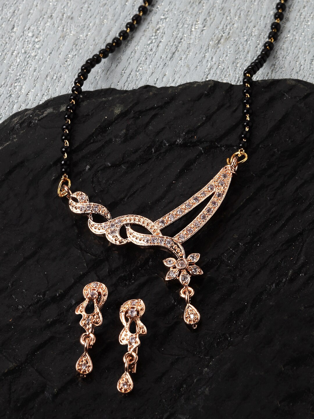 

ZENEME Rose Gold-Plated Stone-Studded Mangalsutra With Earrings