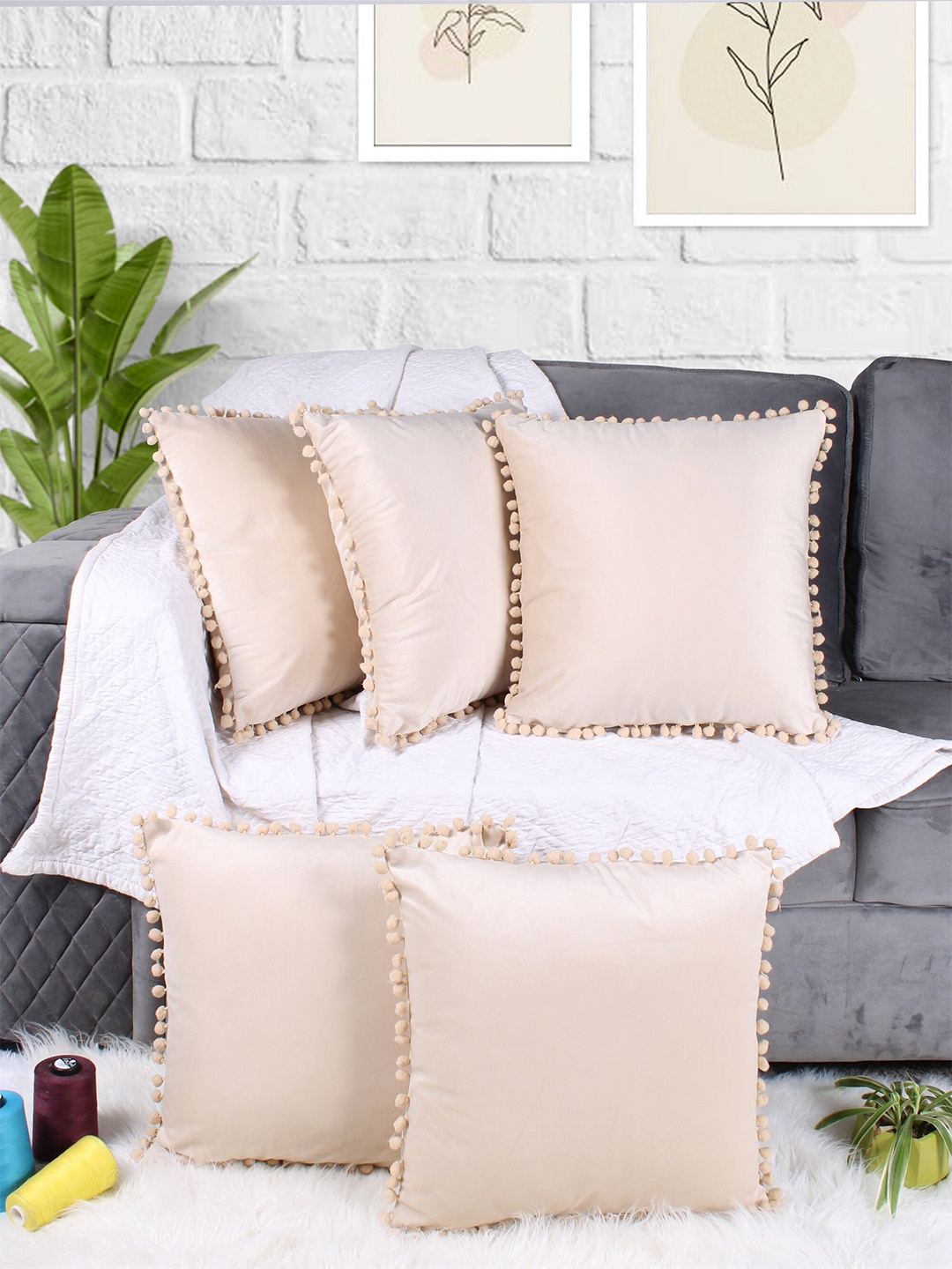 

STITCHNEST Beige 5 Pieces Velvet Square Cushion Covers