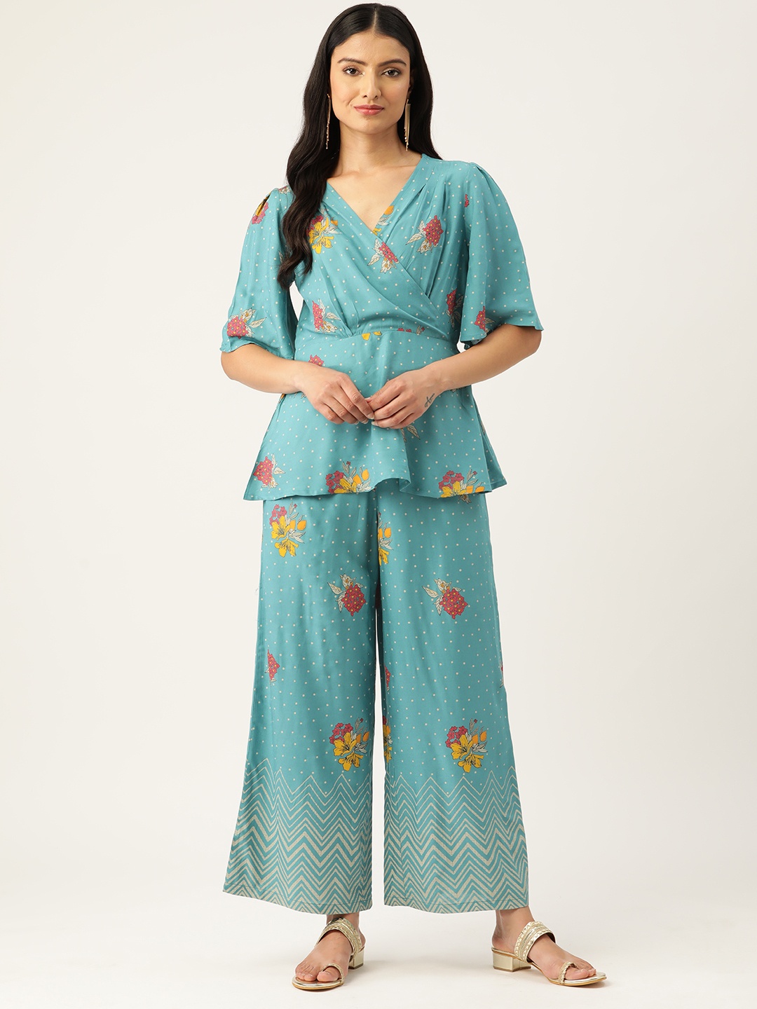 

ZIZO By Namrata Bajaj Polka Dots Printed Pure Cotton Ethnic Tunic With Trousers, Blue