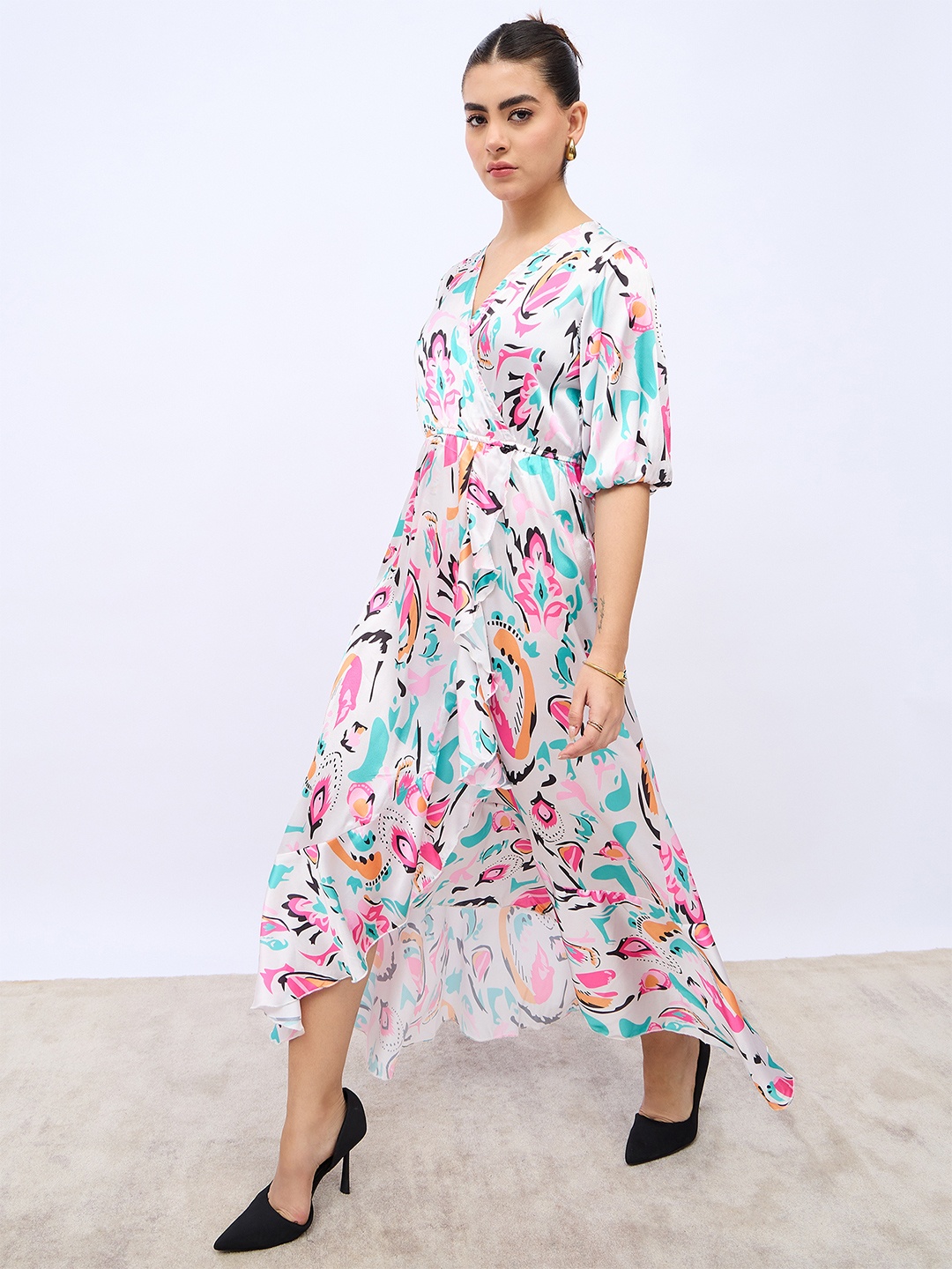 

Styli Pink Floral Print Bell Sleeve Fit & Flare Dress