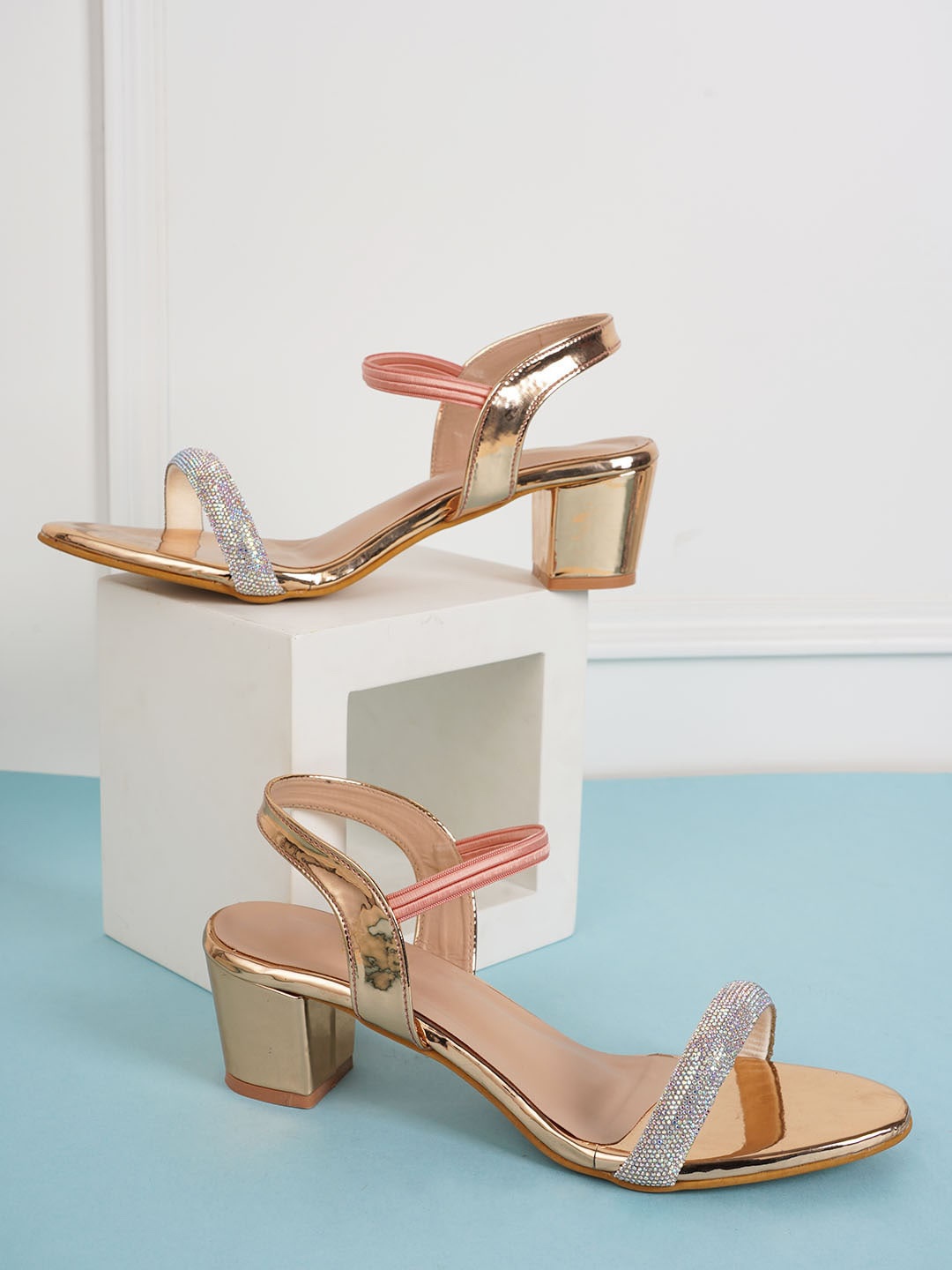 

Style Shoes Embellished Block Heels With Backstrap, Copper