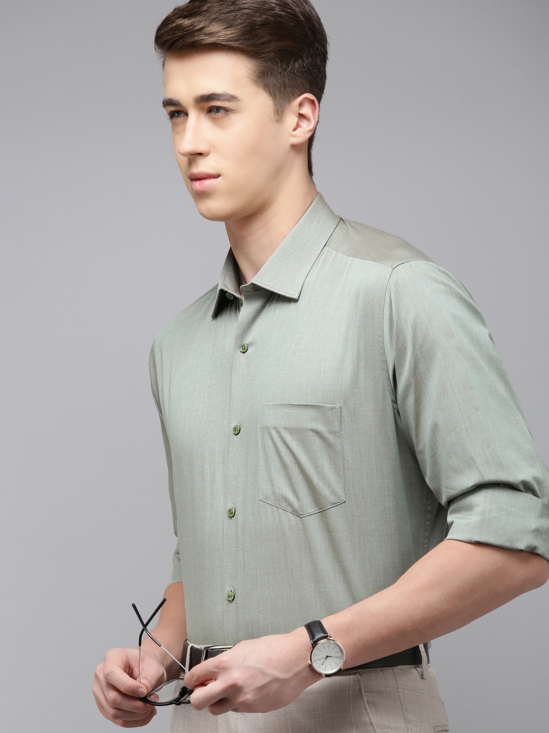 

Van Heusen Self Design Textured Custom Pure Cotton Formal Shirt, Green
