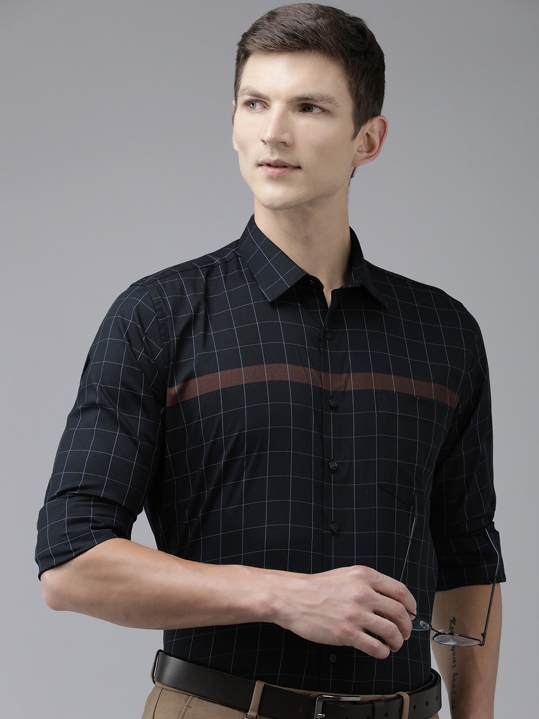 

Van Heusen Slim Fit Striped Detail & Checked Formal Shirt, Black