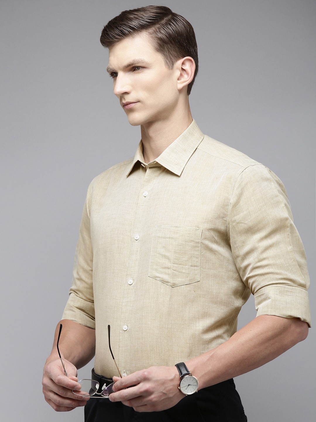 

Van Heusen Self Design Custom Fit Linen Cotton Formal Shirt, Beige