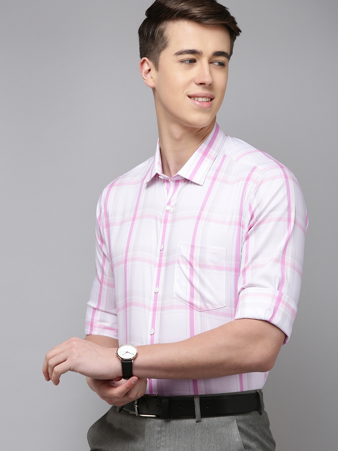 

Van Heusen Slim Fit Tartan Checks Opaque Formal Shirt With Chest Pocket, Pink