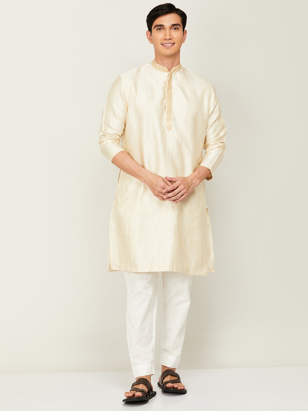 

Melange by Lifestyle Woven Design Beads & Stones Pure Cotton Kurta with Pyjamas, Beige