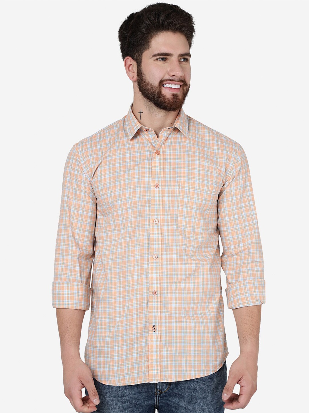 

JADE BLUE Checked Slim Fit Long Sleeves Cotton Casual Shirt, Orange