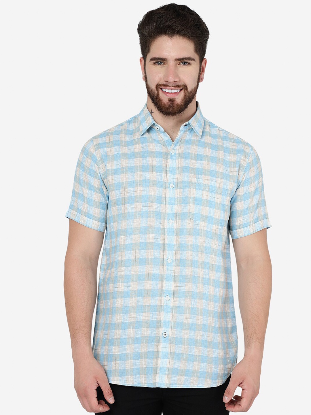 

JADE BLUE Checked Slim Fit Short Sleeves Cotton Casual Shirt