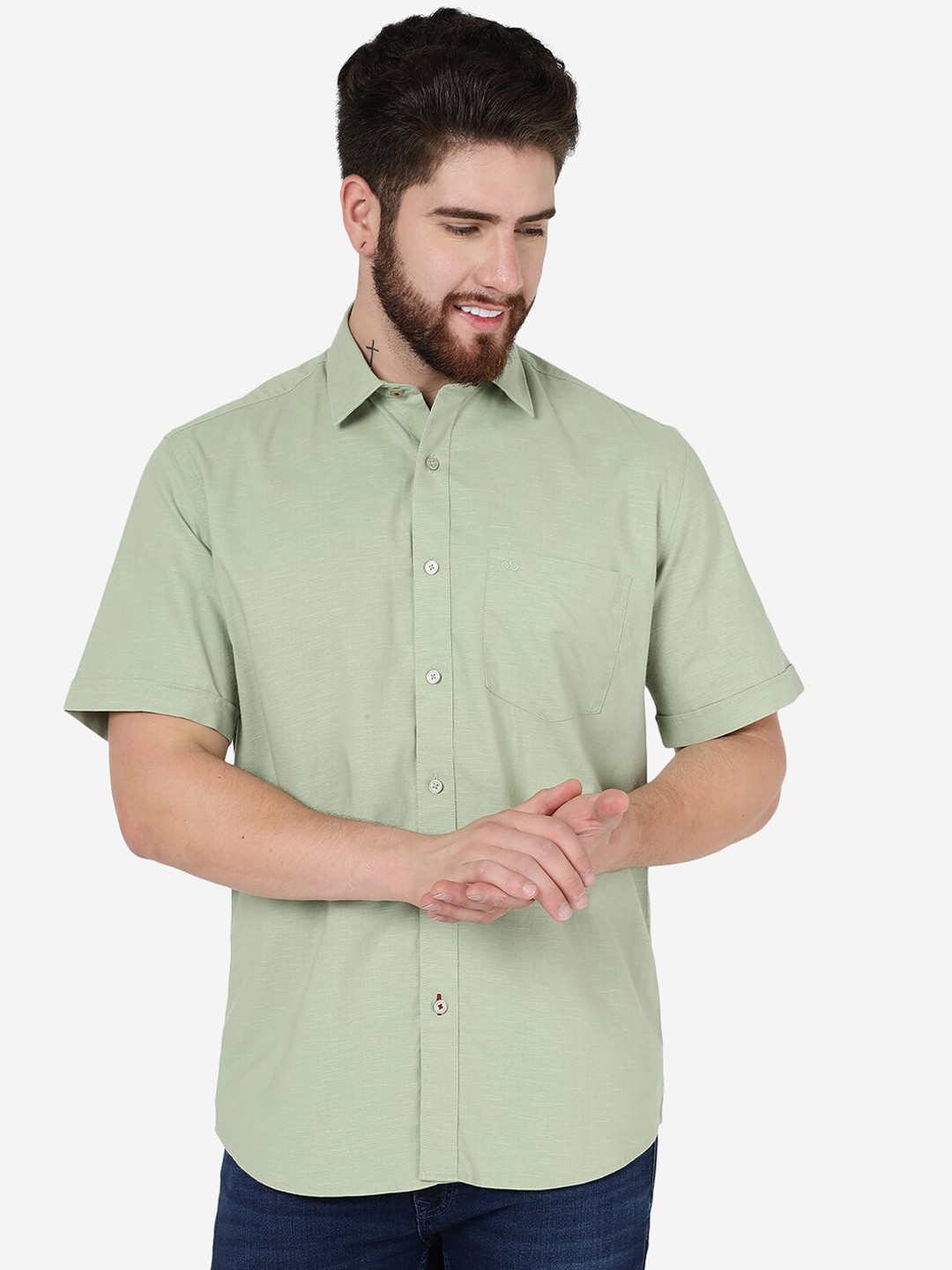

JADE BLUE Short Sleeves Slim Fit Cotton Casual Shirt, Green