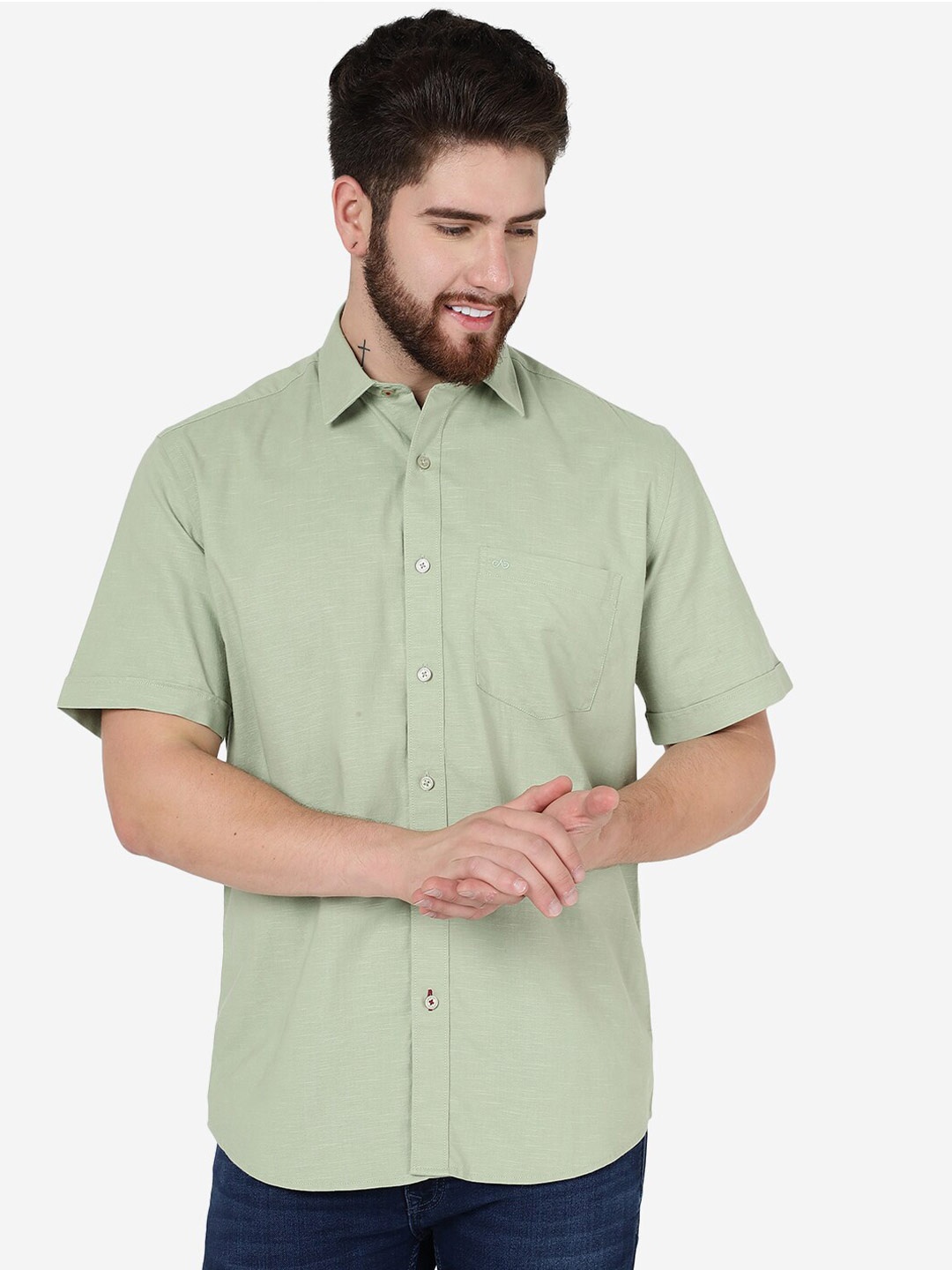 

JADE BLUE Short Sleeves Slim Fit Cotton Casual Shirt, Green
