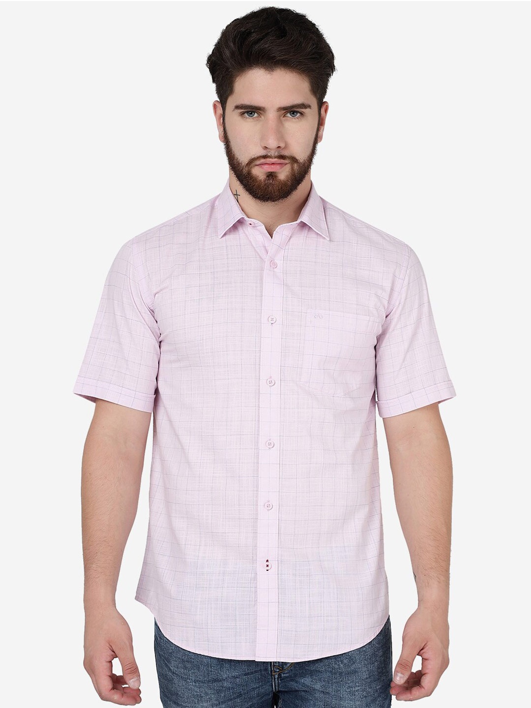 

JADE BLUE Checked Slim Fit Short Sleeves Cotton Casual Shirt, Pink