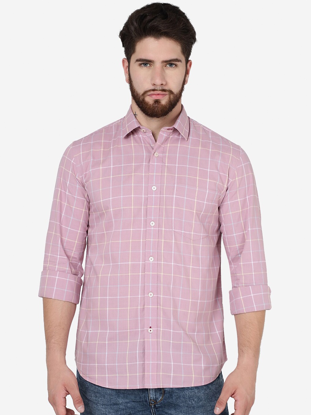 

JADE BLUE Checked Slim Fit Long Sleeves Cotton Casual Shirt, Pink