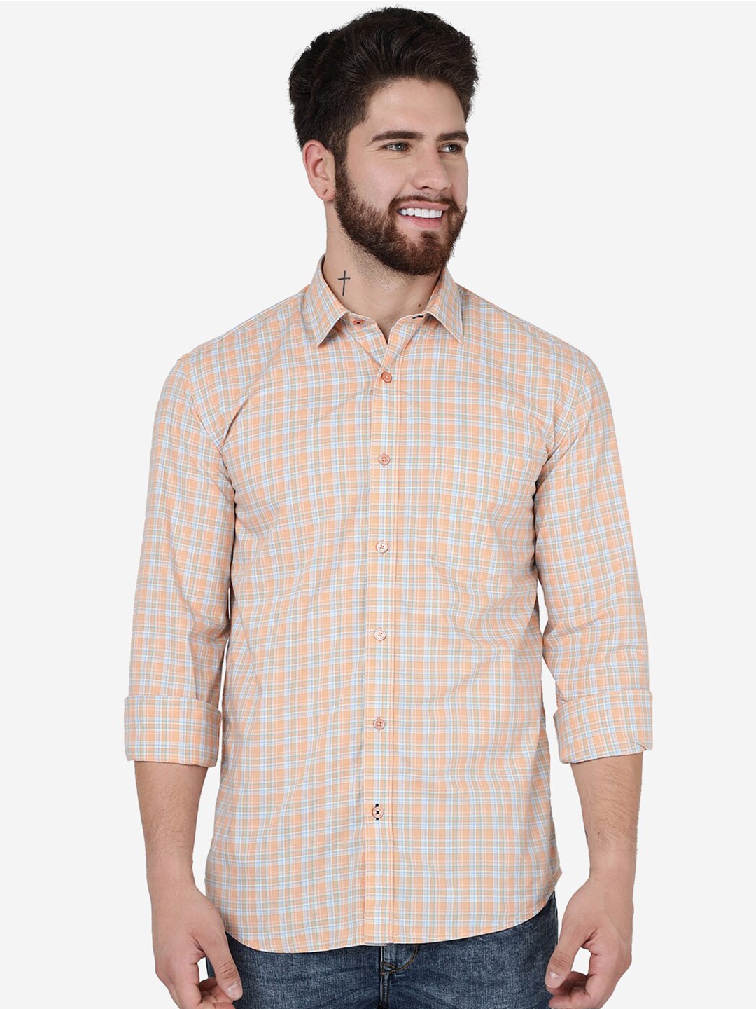 

JADE BLUE Slim Fit Checked Cotton Casual Shirt, Peach