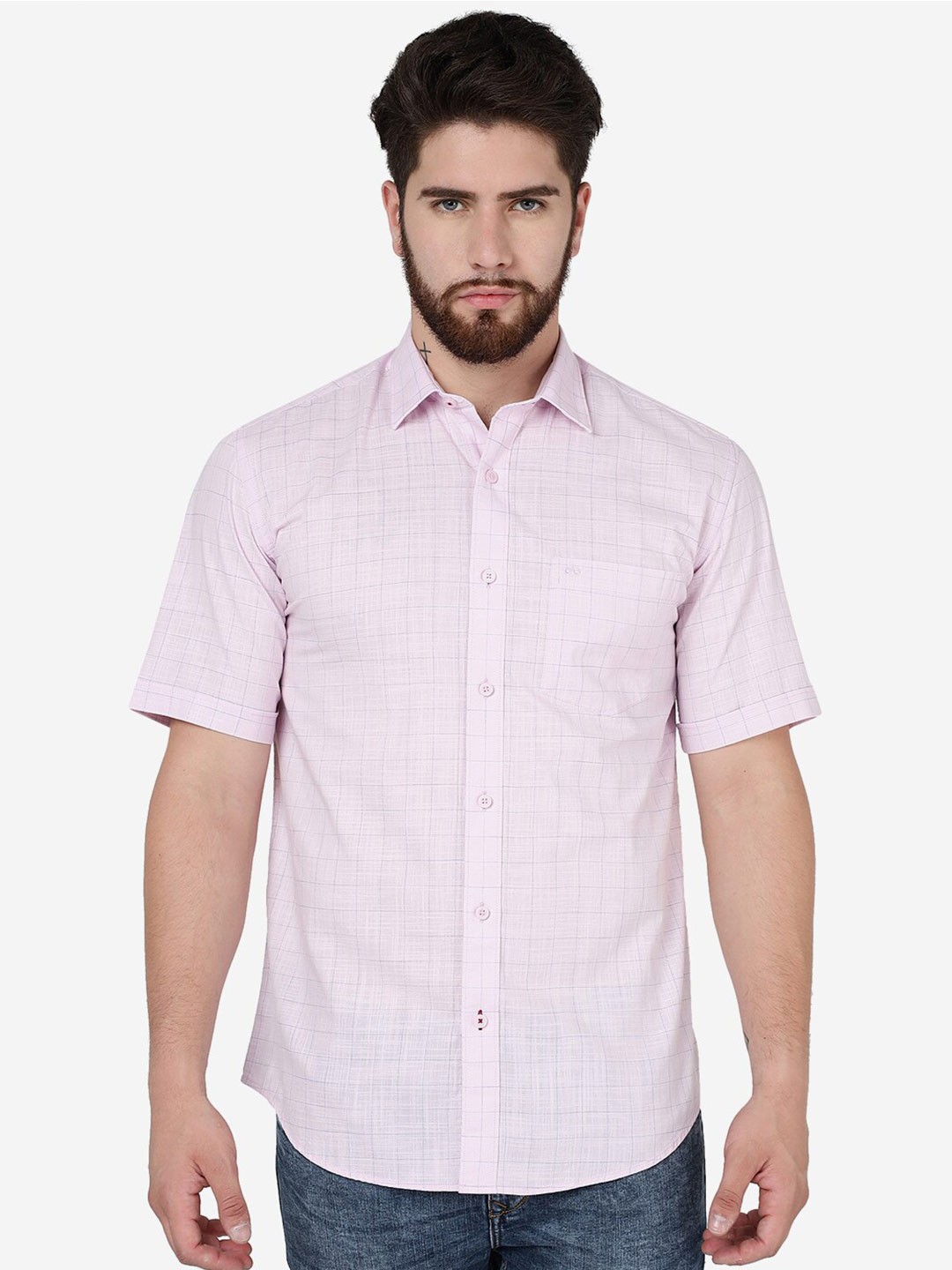 

JADE BLUE Checked Slim Fit Short Sleeves Cotton Casual Shirt, Pink