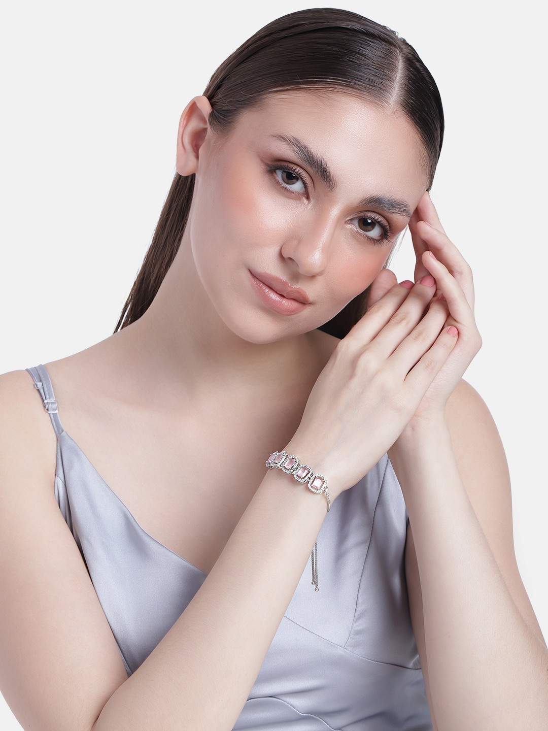 

Estele Brass Cubic Zirconia Rhodium-Plated Link Bracelet, Silver