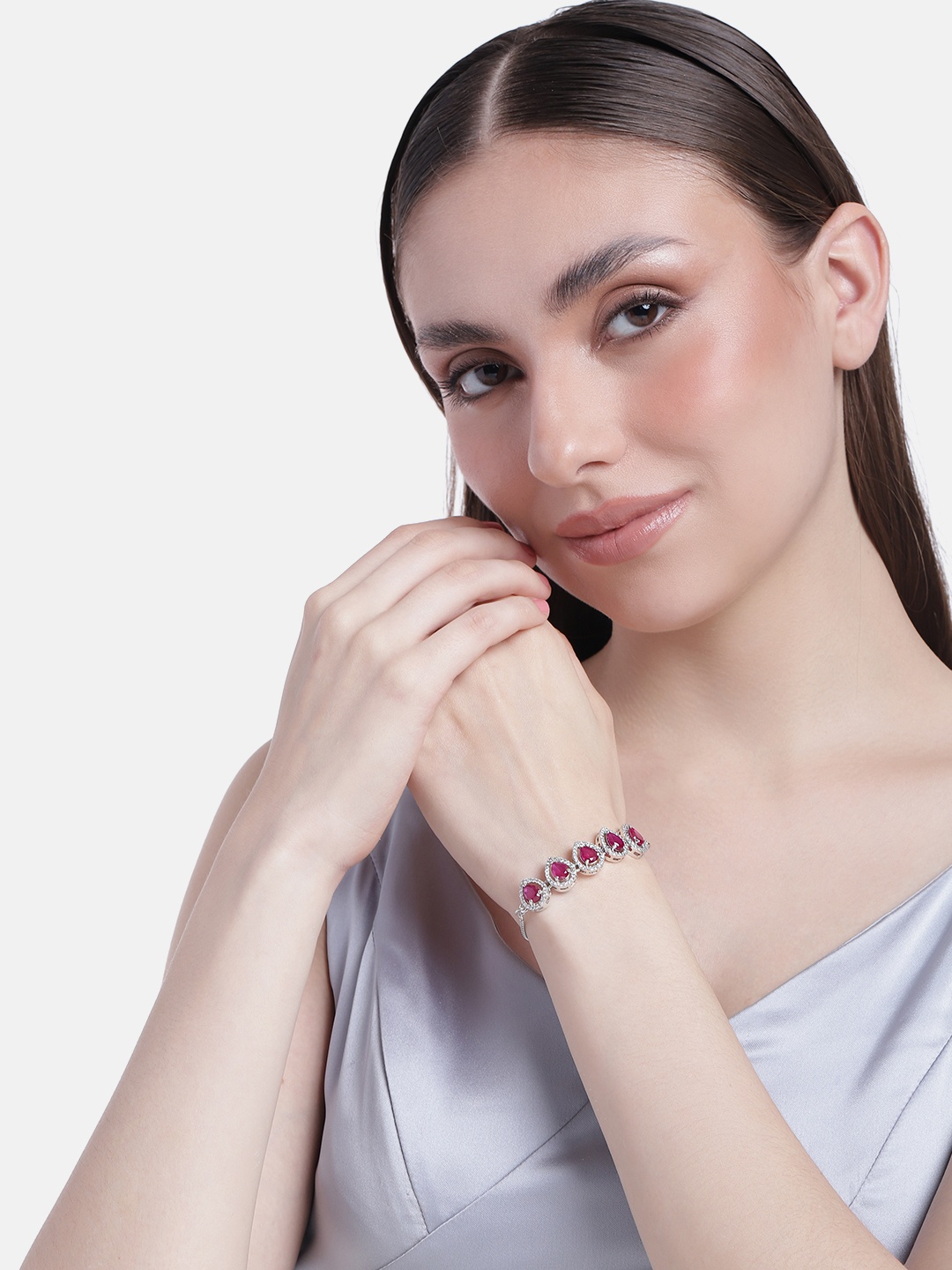 

Estele Women Rhodium-Plated Brass Cubic Zirconia Link Bracelet, Silver
