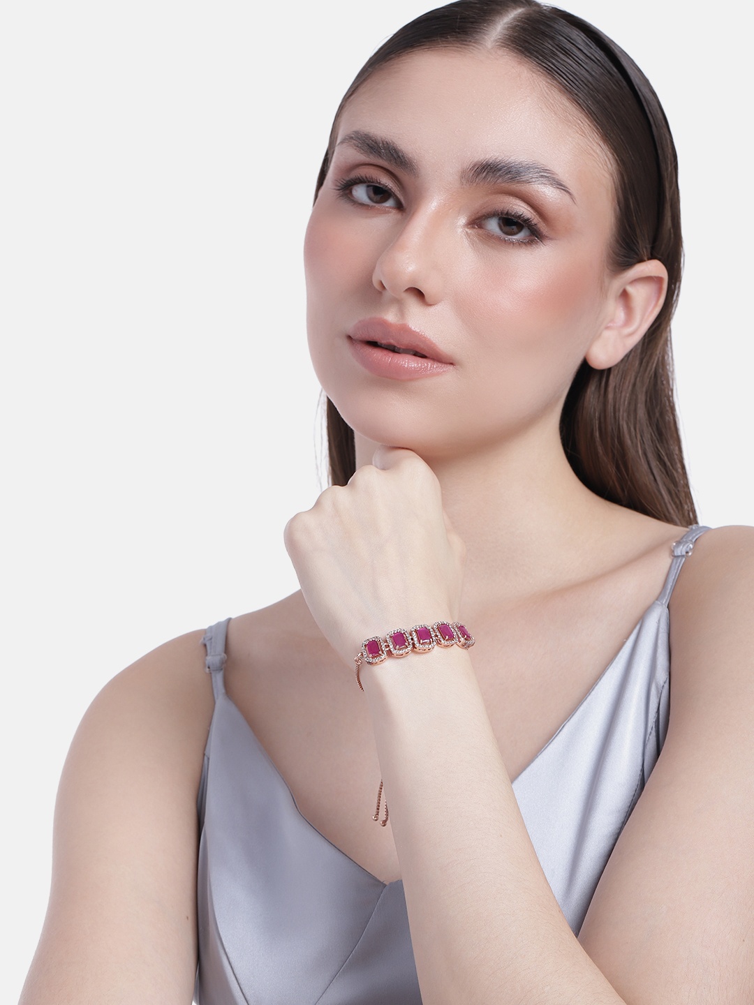

Estele Women Brass Cubic Zirconia Rose Gold-Plated Link Bracelet