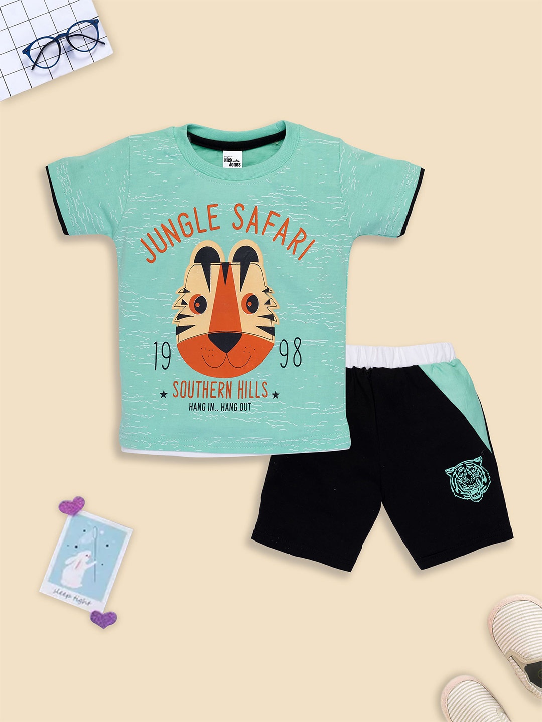 

Nick and Jones Infants Graphic Printed Pure Cotton T-shirt With Shorts, Sea green