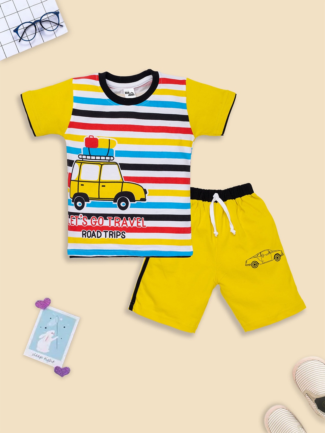 

Nick and Jones Infants Striped Pure Cotton T-shirt With Shorts, Yellow