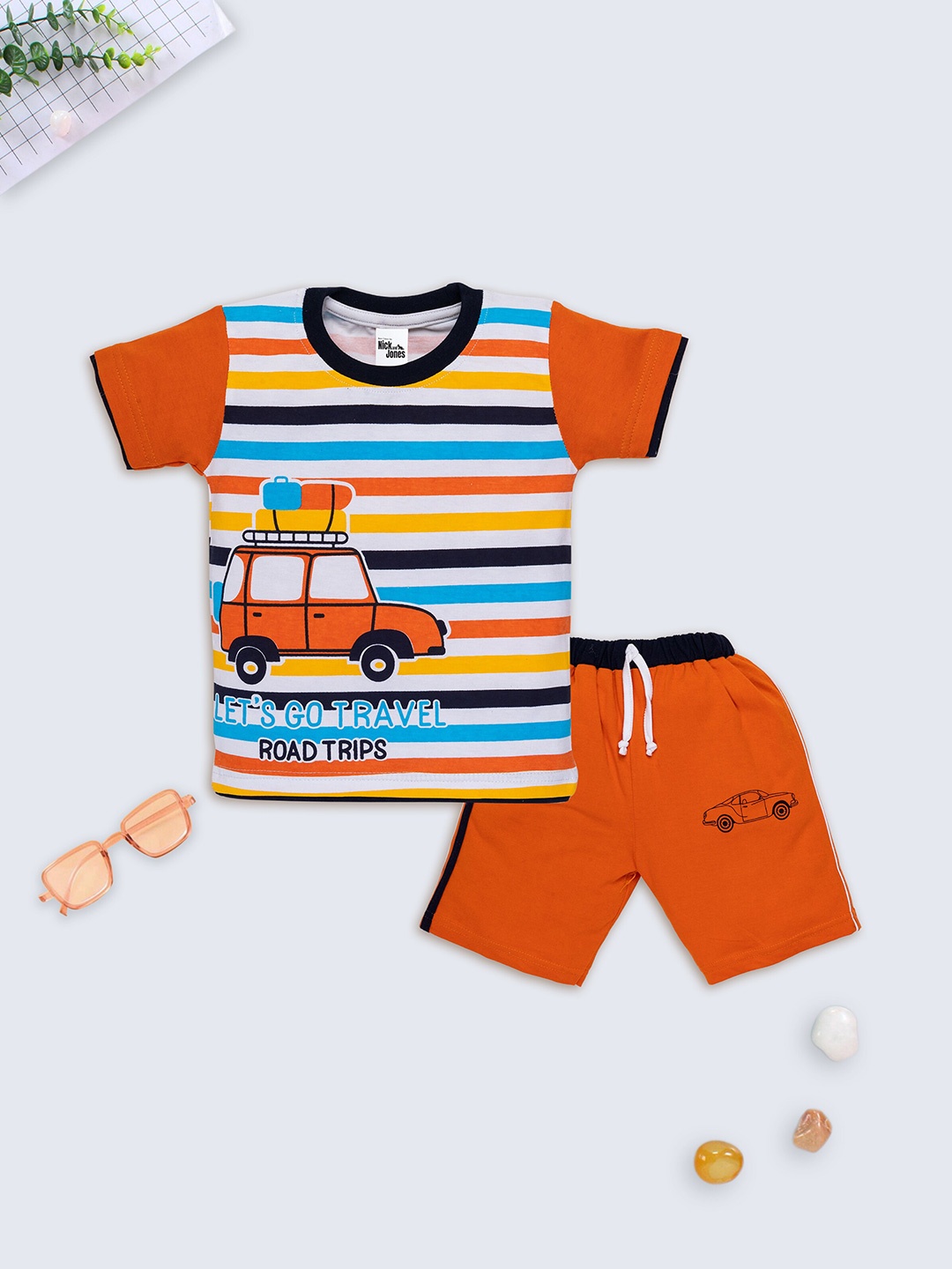 

Nick and Jones Infants Striped Pure Cotton T-shirt With Shorts, Orange