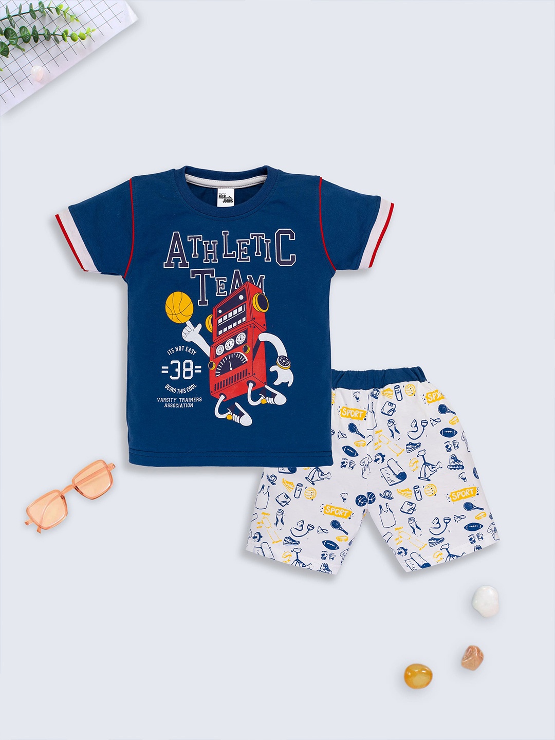 

Nick and Jones Infants Graphic Printed Pure Cotton T-shirt With Shorts, Blue