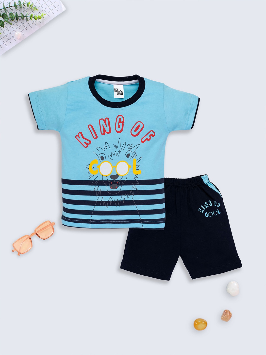 

Nick and Jones Infants Graphic Printed Pure Cotton T-shirt With Shorts, Blue