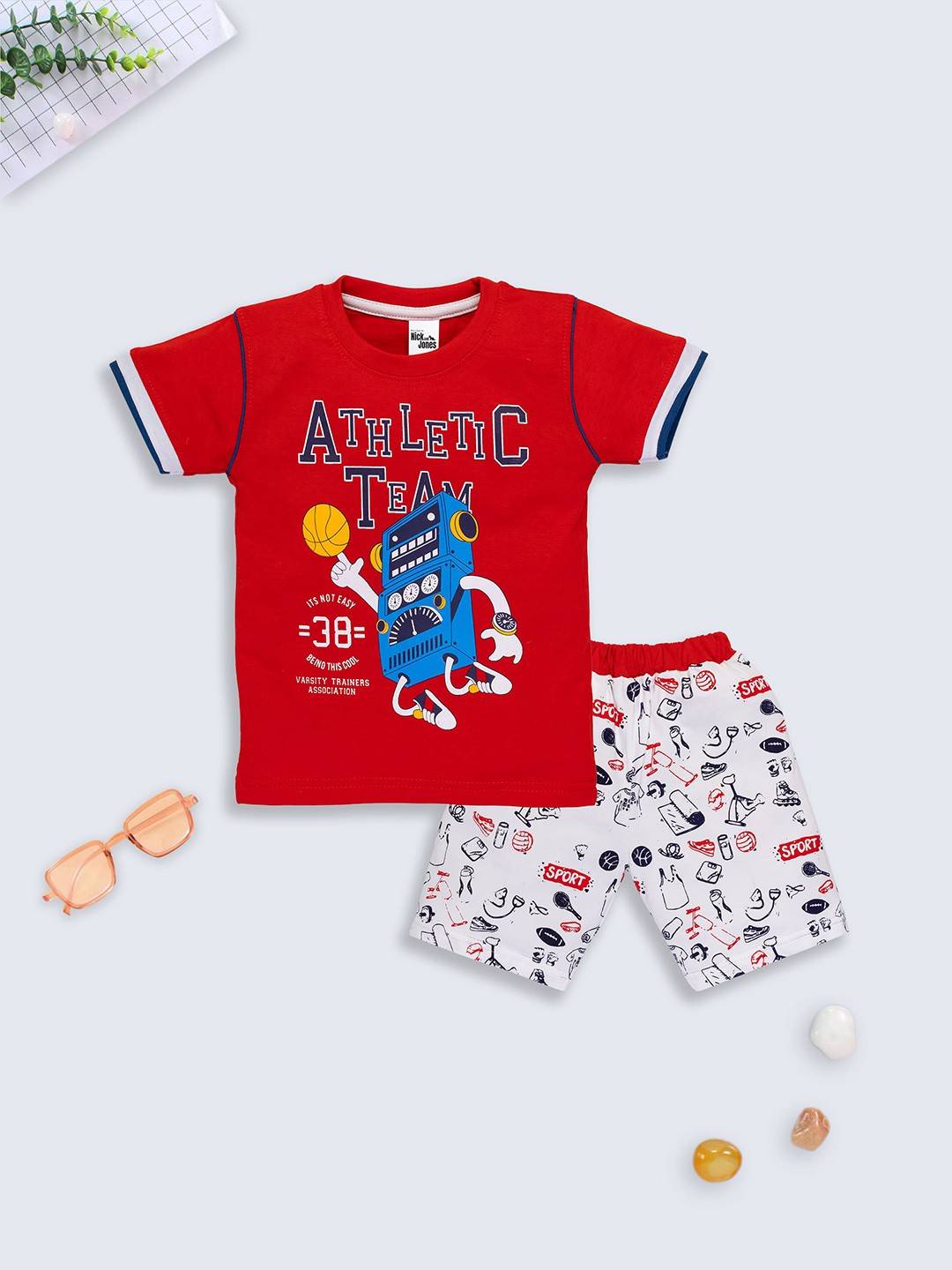 

Nick and Jones Boys Printed Pure Cotton T-shirt with Shorts, Red