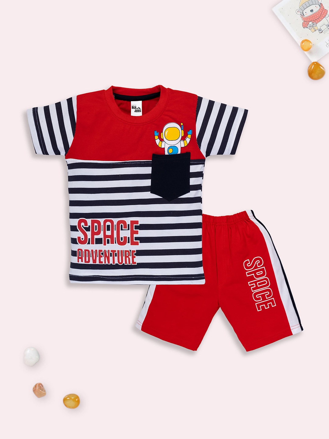 

Nick and Jones Kids Striped Pure Cotton T-shirt With Shorts, Red