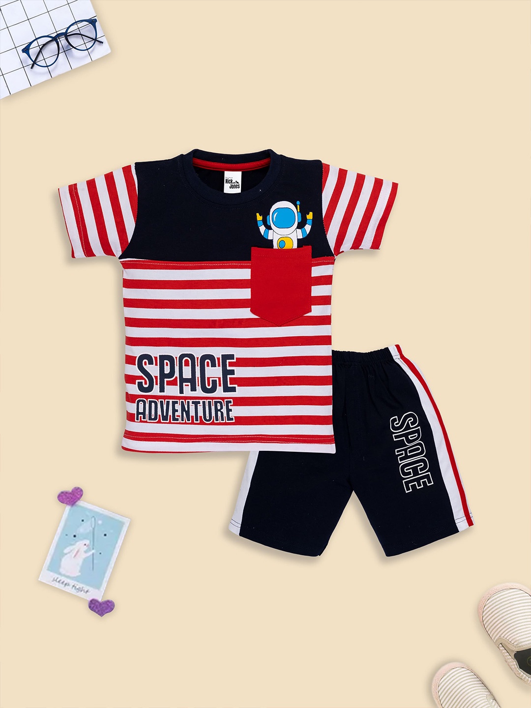 

Nick and Jones Boys Printed Pure Cotton T-shirt with Shorts, Navy blue