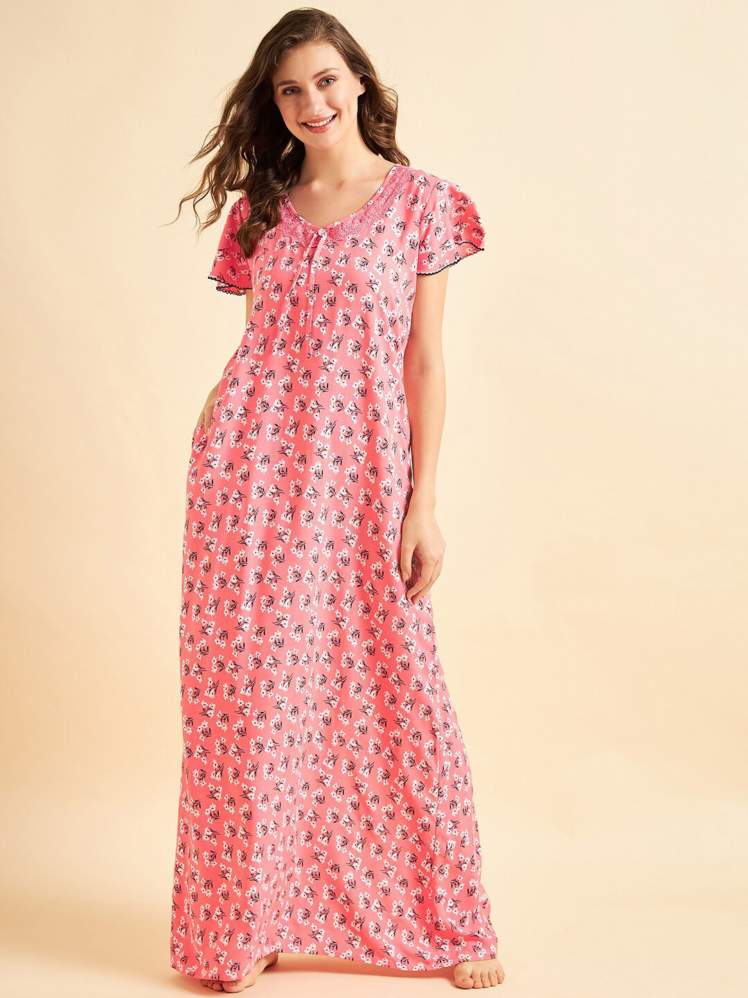 

Sweet Dreams Peach & White Floral Printed Maxi Nightdress