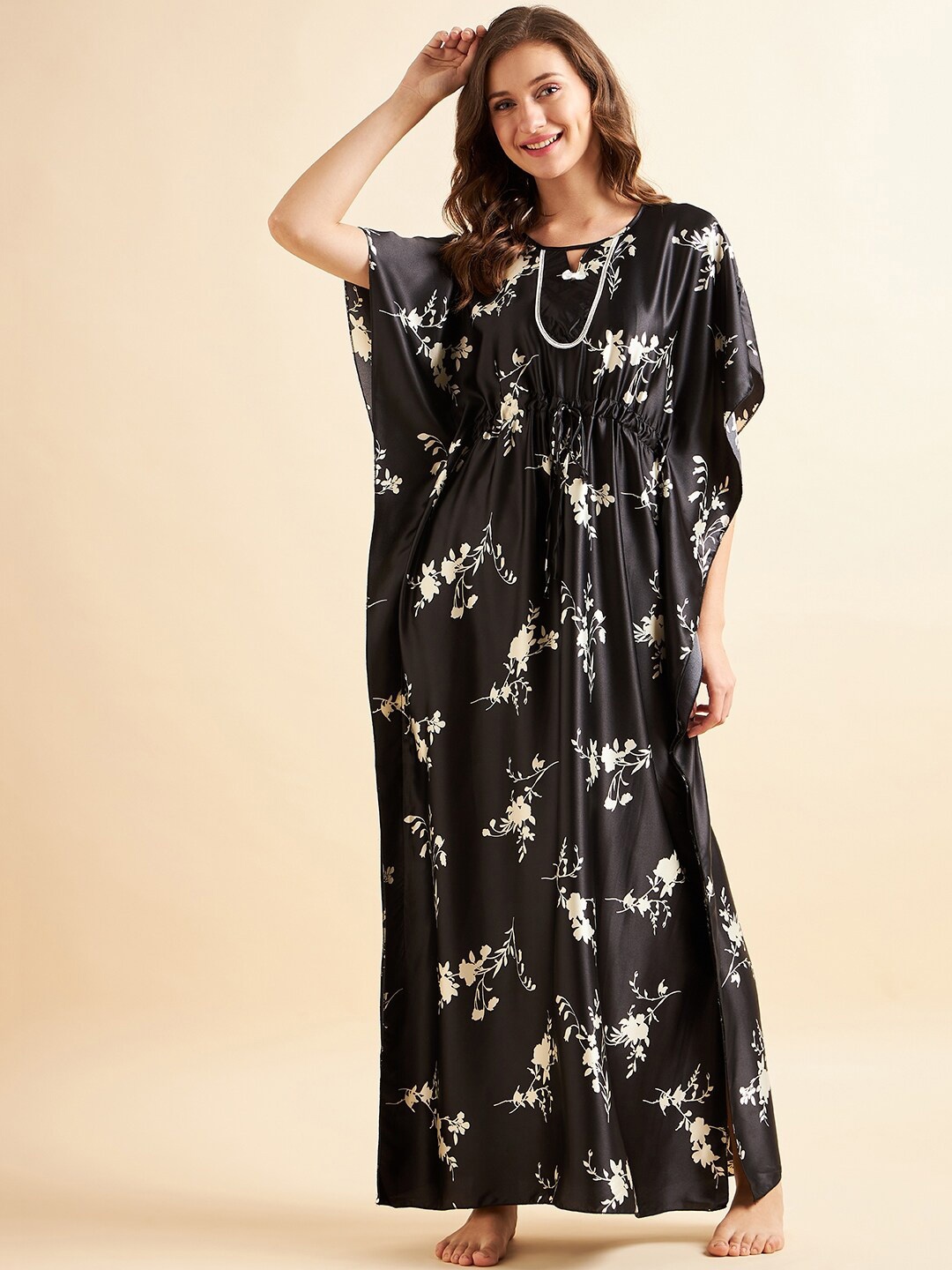 

Sweet Dreams Black & White Floral Printed Satin Maxi Kaftan Nightdress